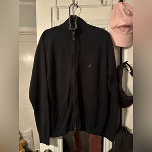 Nautica Black Full Zip Knit Yarn Grey Collar Long Sleeve Sweater - Men M New